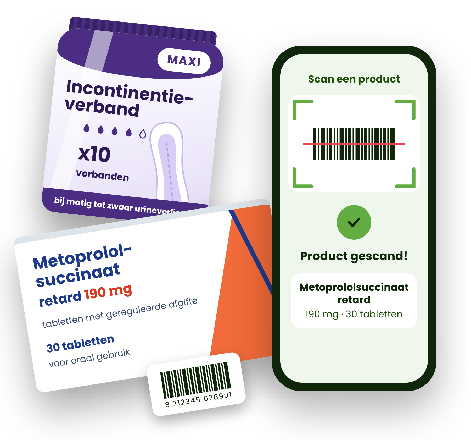 Illustratie van ZorgRetour met medische producten en een telefoon die een product scant.
